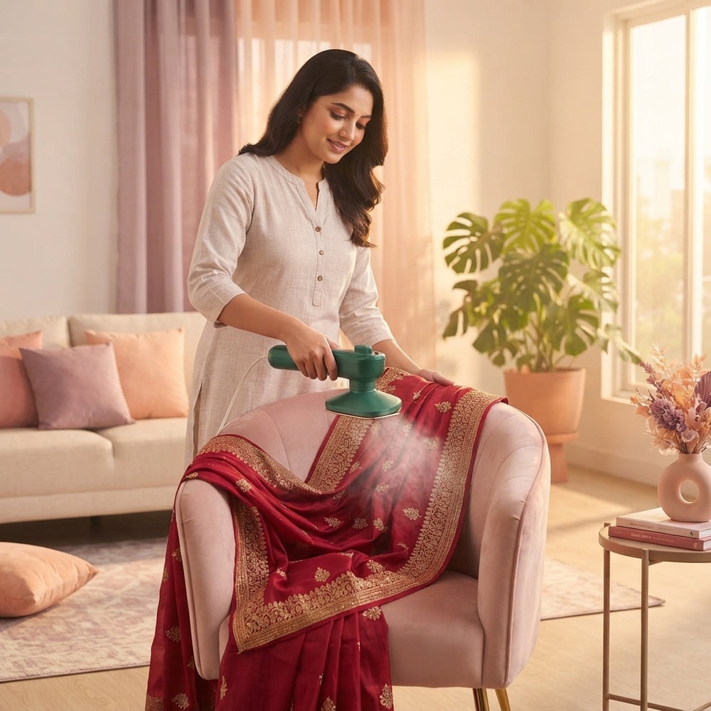 A South Asian woman uses a green handheld micro-steamer on a silk saree in a modern, sunlit room with blush and peach decor.